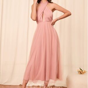 Pink Bow Halter Sexy A-line Tulle Midi Dresses